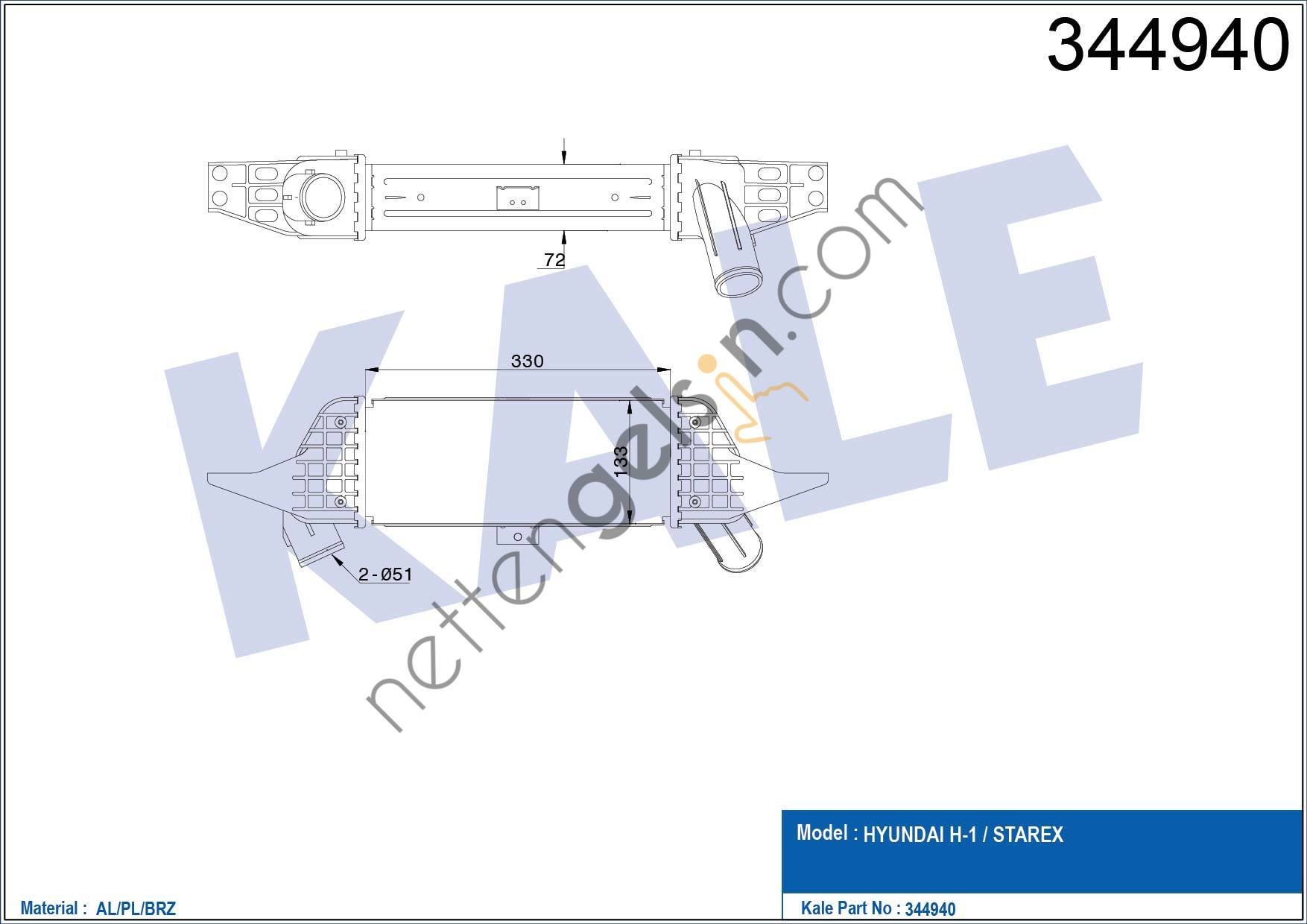 KALE 344940 INTERCOOLER ARA SOGUTUCU H100 KAMYONET 2004->  HYUNDAI BİNEK TURBO RADYATÖRÜ