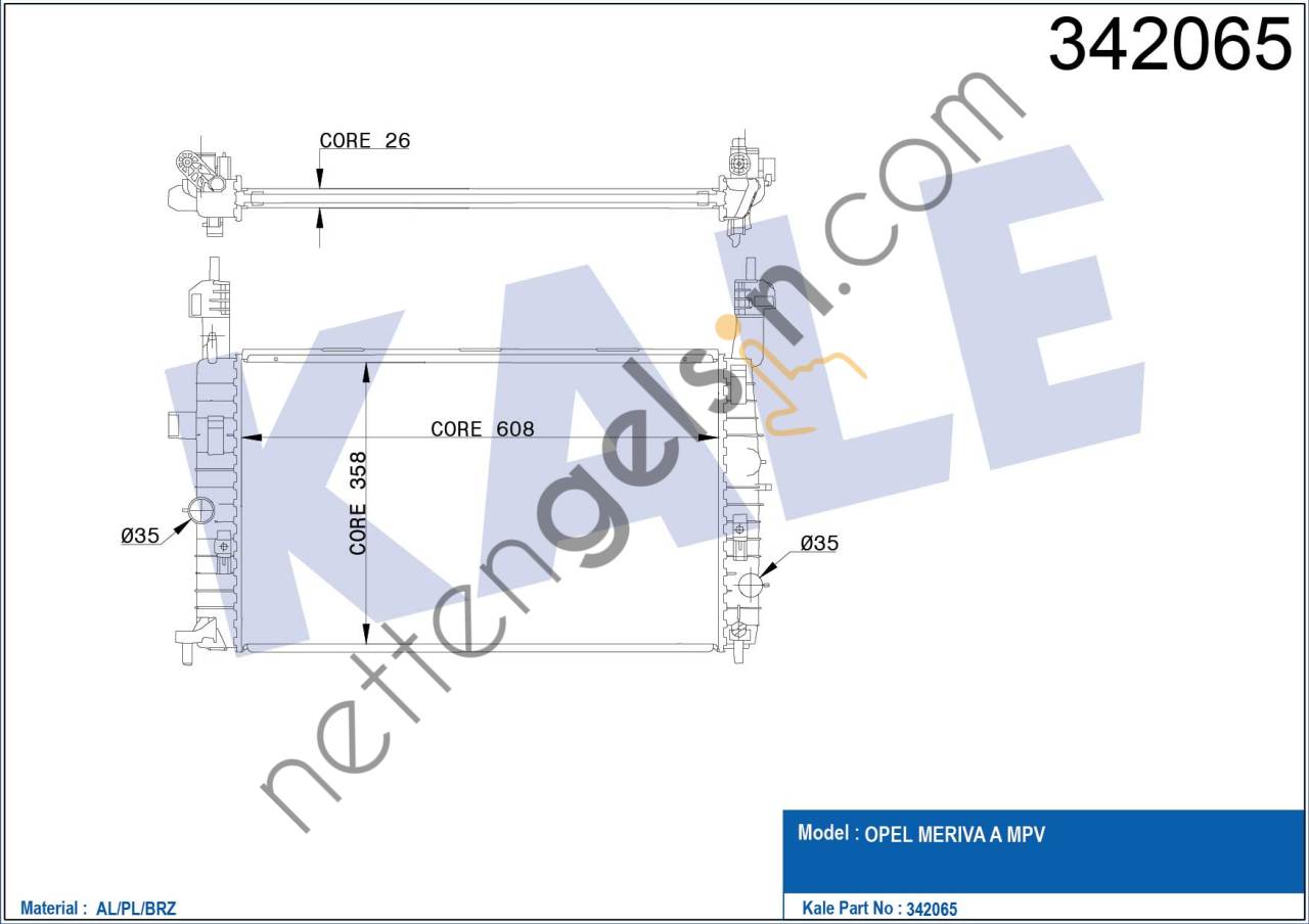KALE 342065 MOTOR SU RADYATORU (BRAZING) MERIVA A Y17DT KLIMALI  OPEL BİNEK MOTOR SU RADYATORU