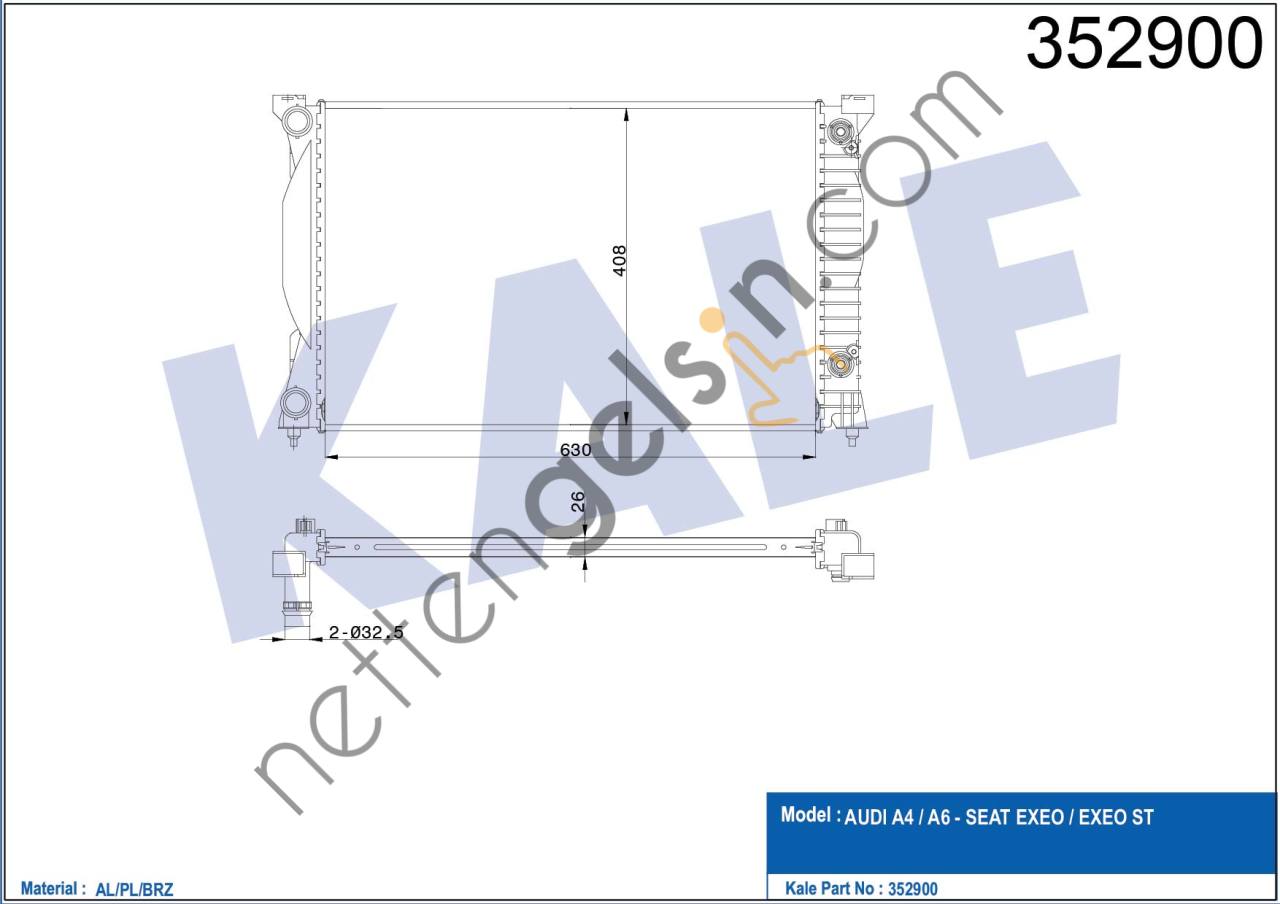 KALE 352900 MOTOR RADYATORU AUDI A4 / Q 1,6 / 2,0 / 1,8T 01>09 EXEO 09>14  VW-AUDI-SEAT-SKODA BİNEK MOTOR SU RADYATORU