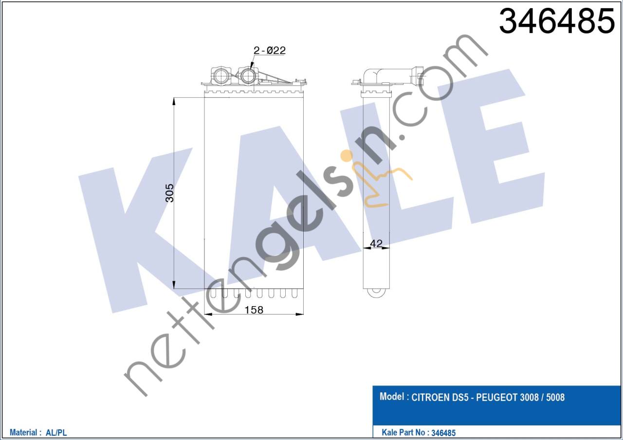 KALE 346485 KALORIFER RADYATORU DS5 P3008 P5008 09>  PEUGEOT-CITROEN BİNEK KALORİFER RADYATÖRÜ