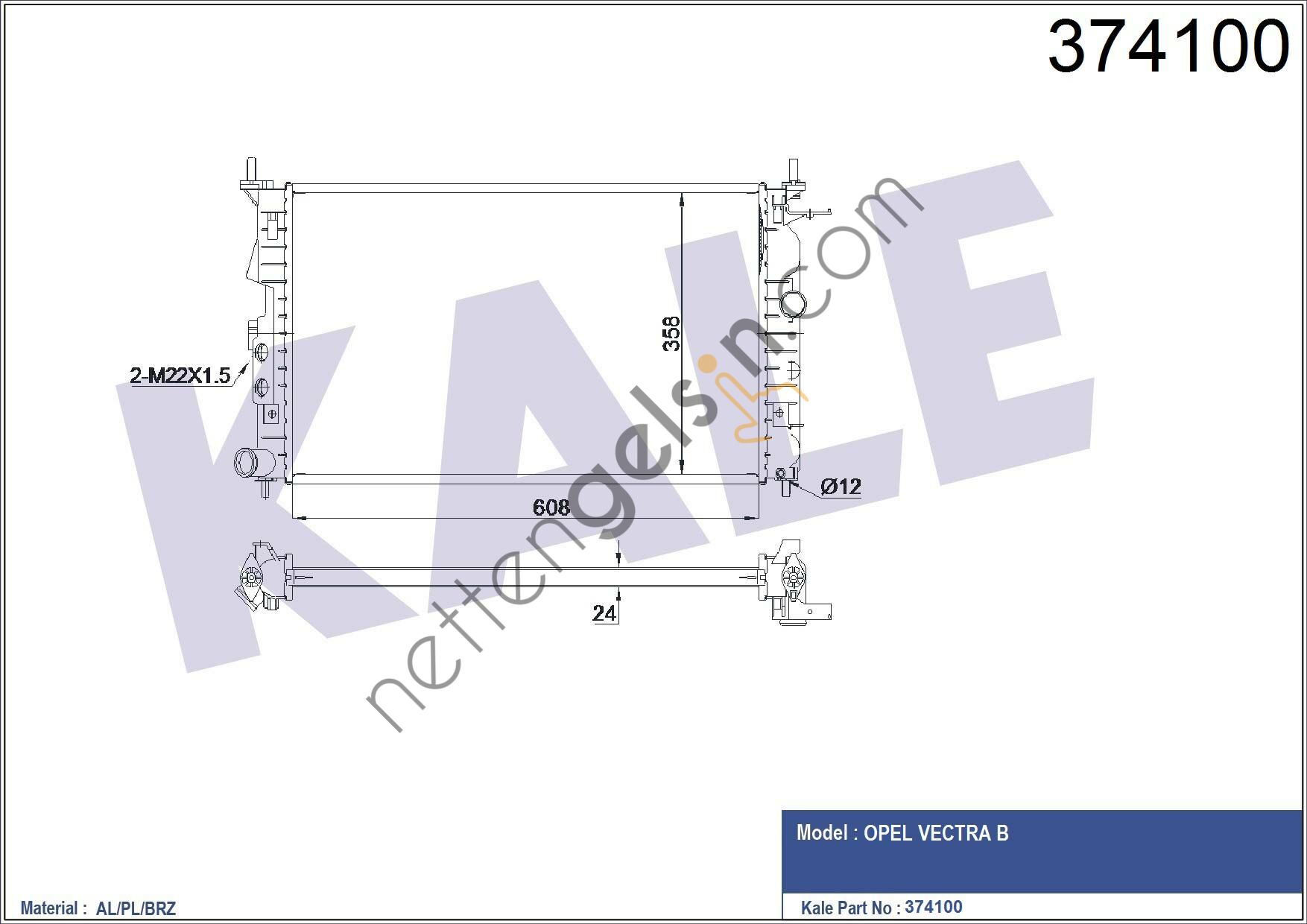 KALE 374100 MOTOR SU RADYATORU M.T VECTRA B X25XE 608X358X22  OPEL BİNEK MOTOR SU RADYATORU