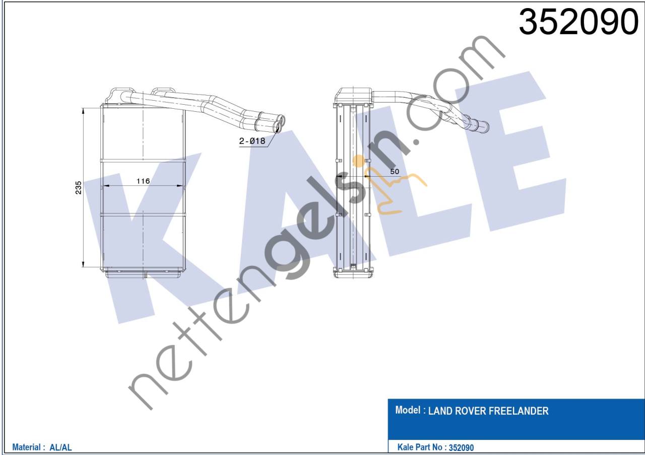 KALE 352090 KALORIFER RADYATORU 20 T2N 18 K4F FREELANDER I L314 98>06   LAND ROVER BİNEK KALORİFER RADYATÖRÜ