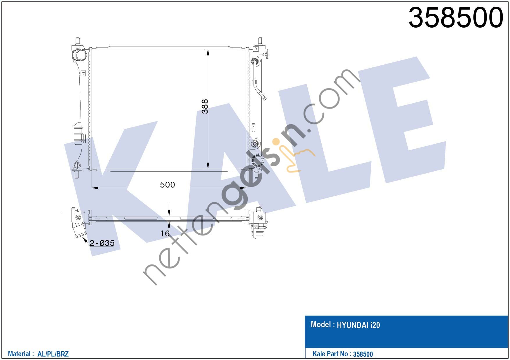 KALE 358500 MOTOR SU RADYATORU I20 1,2 BENZINLI 2008 2014 OTOMATIK (500X390X15)  HYUNDAI BİNEK MOTOR SU RADYATORU