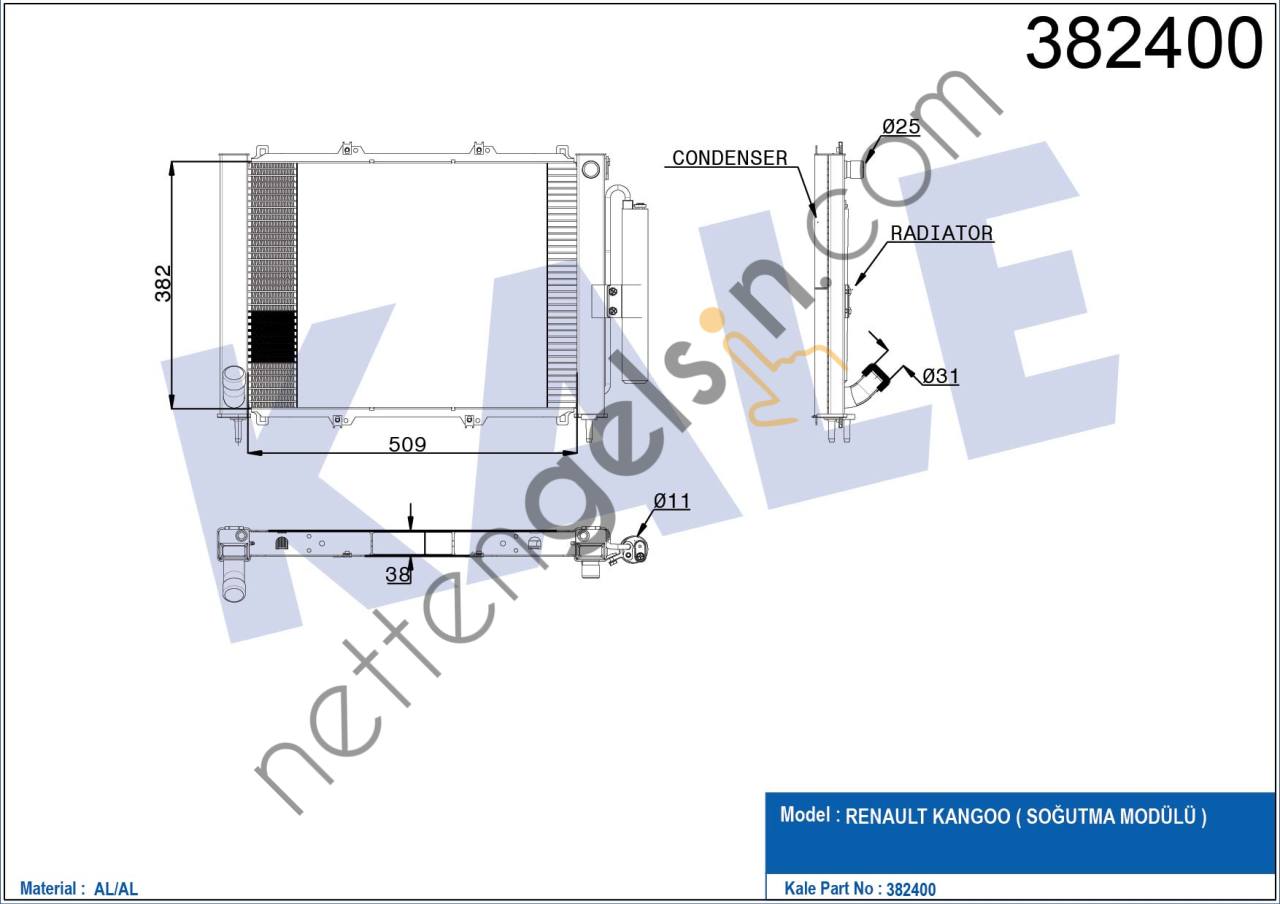 KALE 382400 MOTOR RADYATORU+KLIMA RADYATORU KANGOO 1,9DCI 1,5 DCI 03>  RENAULT BİNEK MOTOR SU RADYATORU
