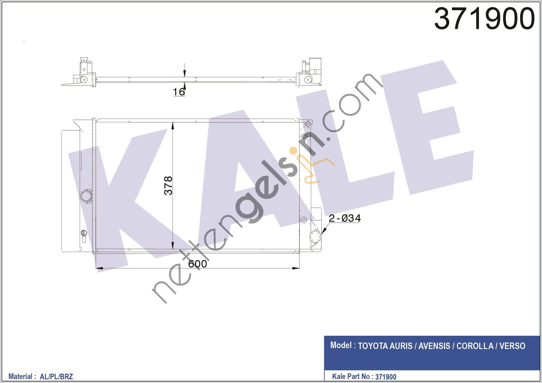 KALE 371900 MOTOR SU RADYATORU AURIS 1,4 1,6 2007> COROLLA 2007> OTOMATIK VITES (600X378X16)  TOYOTA BİNEK MOTOR SU RADYATORU