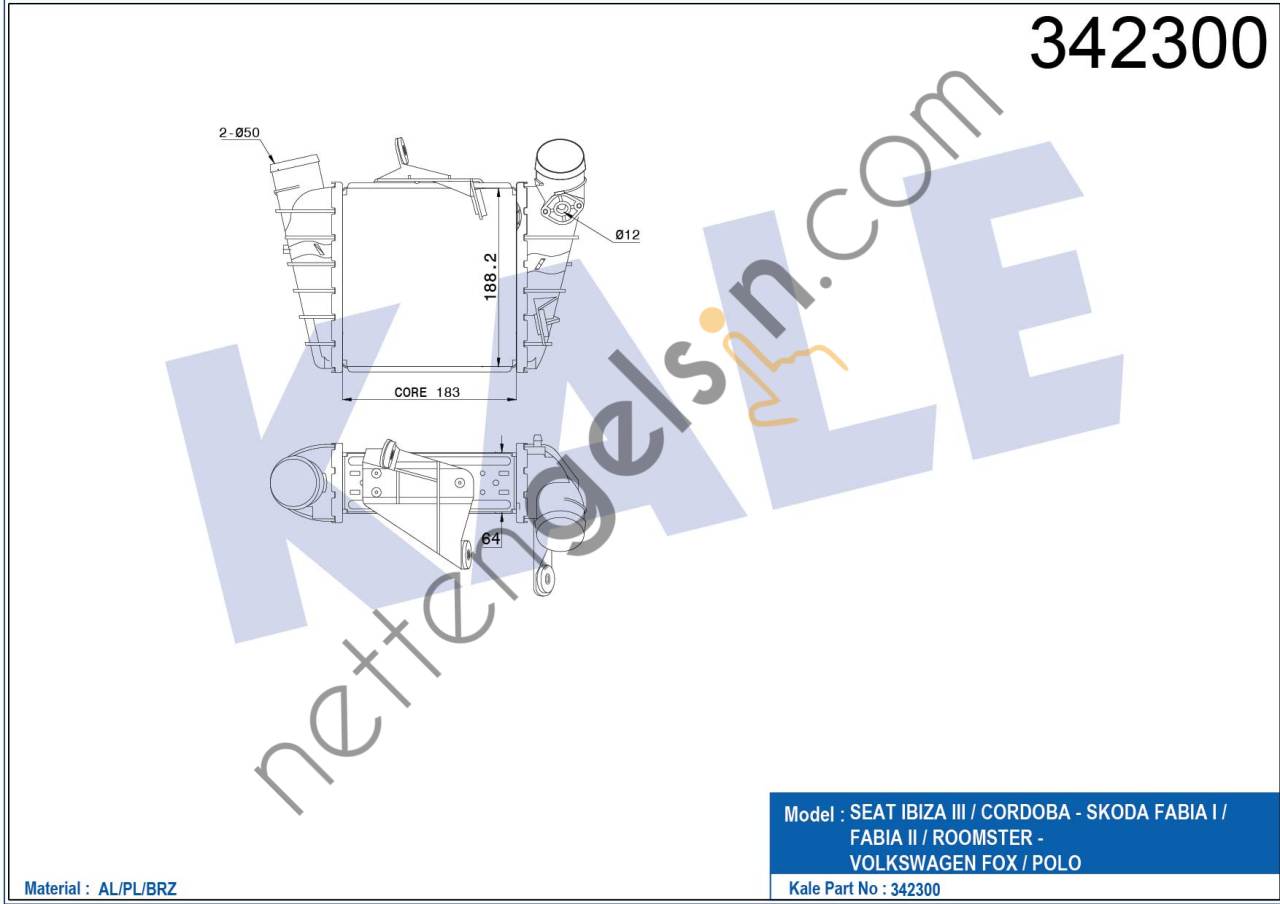 KALE 342300 TURBO RADYATORU (200X202X62) POLOCORDOBAFABIA 1,4TDI/1,9TDI 02>  VW-AUDI-SEAT-SKODA BİNEK TURBO RADYATÖRÜ