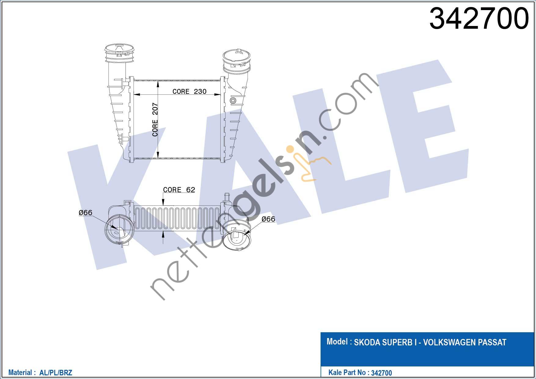 KALE 342700 INTERCOOLER PASSAT - SUPERB 230x203x62  VW-AUDI-SEAT-SKODA BİNEK TURBO RADYATÖRÜ
