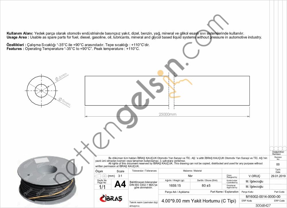 IBRAS 68427 4.0mm x 9.0mm UNIVERSAL YAKIT HORTUMU ( MAKARALI )C TIPI  GENEL BİNEK RULO HORTUM