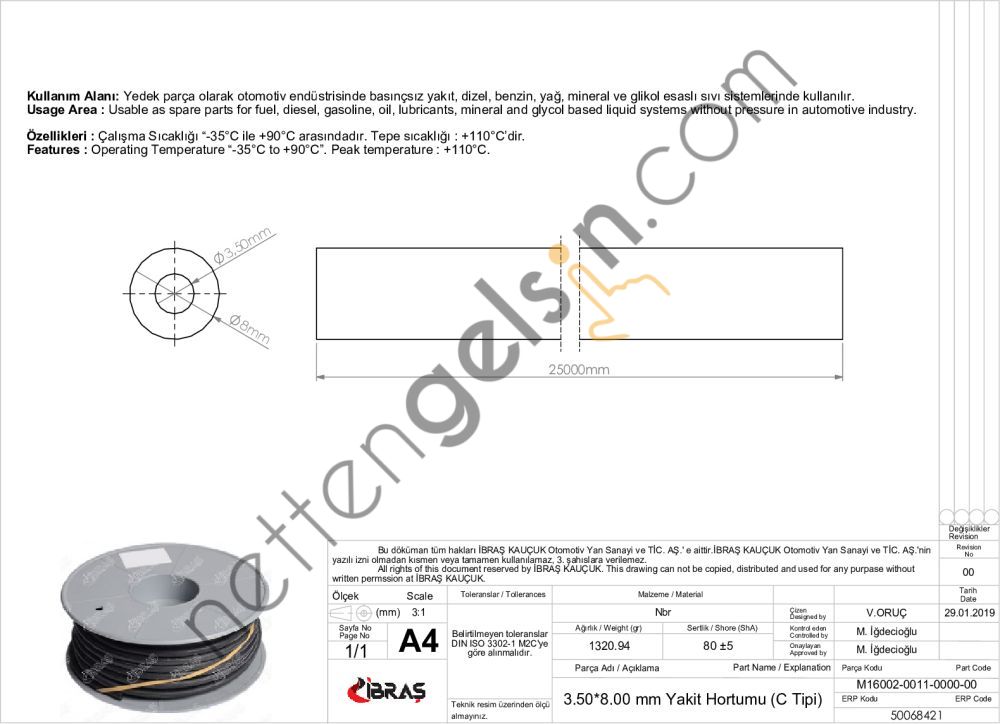 IBRAS 68421 3.5mm x 8.0mm UNIVERSAL YAKIT HORTUMU ( MAKARALI )C TIPI  GENEL BİNEK RULO HORTUM