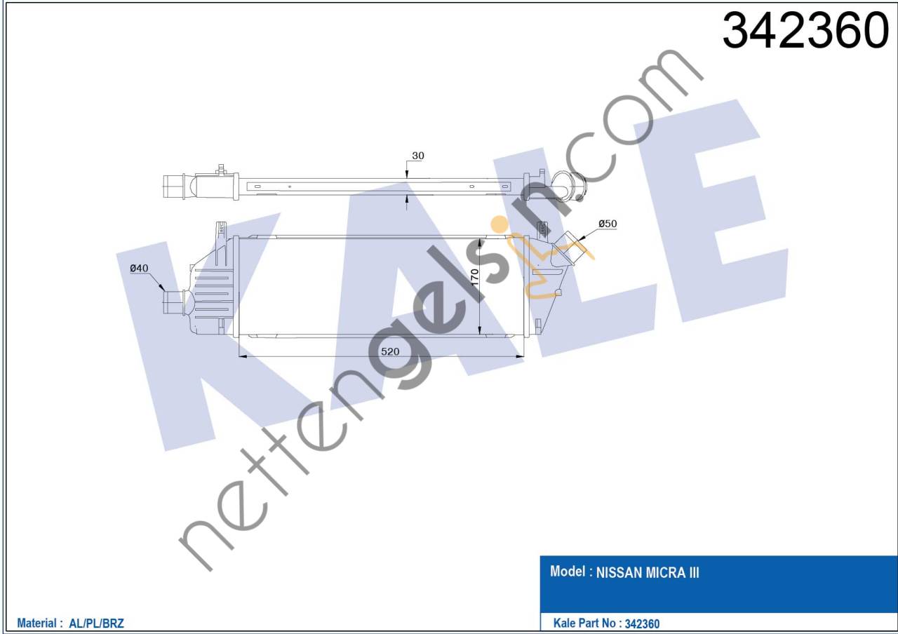 KALE 342360 TURBO RADYATORU (INTERCOOLER) NISSAN MICRA K12 1,5 DCI 2003 2010  NISSAN BİNEK TURBO RADYATÖRÜ