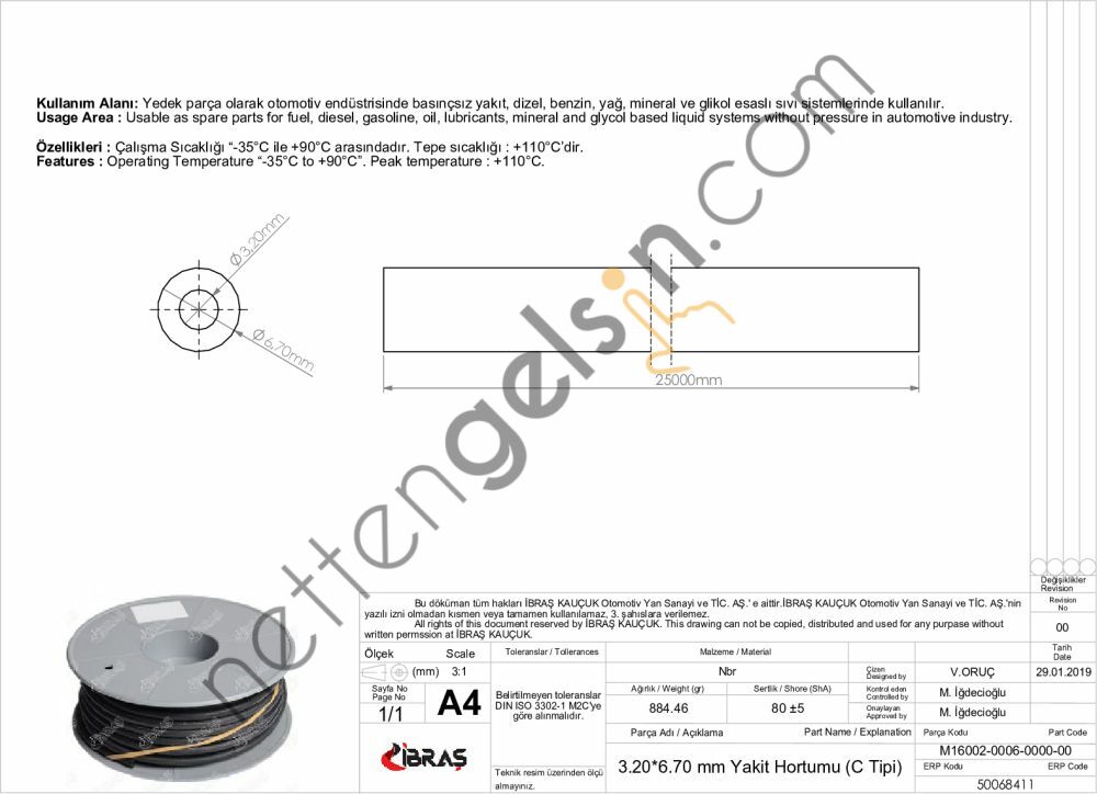 IBRAS 68411 3.2mm x 6.7mm UNIVERSAL YAKIT HORTUMU ( MAKARALI ) C TIPI  GENEL BİNEK RULO HORTUM