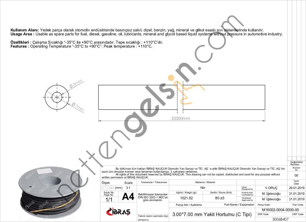 IBRAS 68407 3.0mm x 7.0mm UNIVERSAL YAKIT HORTUMU ( MAKARALI ) C TIPI  GENEL BİNEK RULO HORTUM