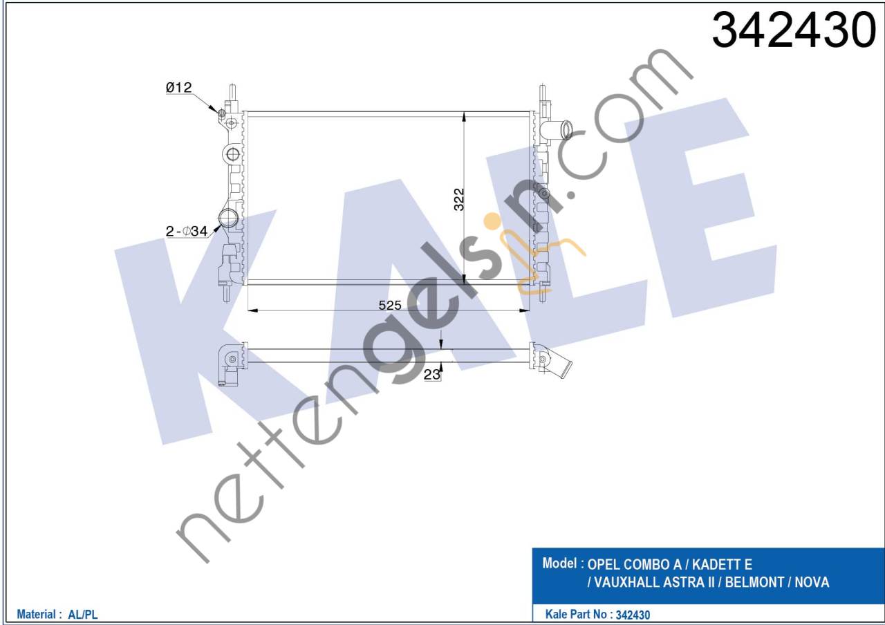 KALE 342430 MOTOR RADYATORU COMBO A KADETT E ASTRA I NOVA 1,3 1,4 1,6 (84 91) / (BR  OPEL BİNEK MOTOR SU RADYATORU