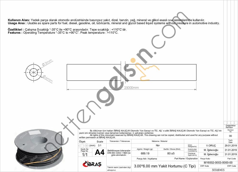 IBRAS 68405 3.0mm x 6.0mm UNIVERSAL YAKIT HORTUMU ( MAKARALI ) C TIPI  GENEL BİNEK RULO HORTUM
