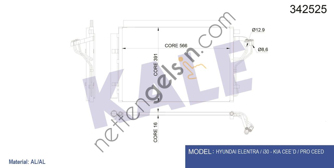 KALE 342525 KLIMA RADYATORU BENZINLI HYUNDAI ELANTRA 2011> I30 2012>  HYUNDAI BİNEK KLİMA RADYATÖRÜ