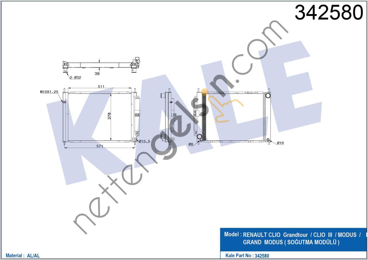 KALE 342580 MOTOR RADYATORU+KLIMA RADYATORU CLIO III 1,5DCI  RENAULT BİNEK MOTOR SU RADYATORU