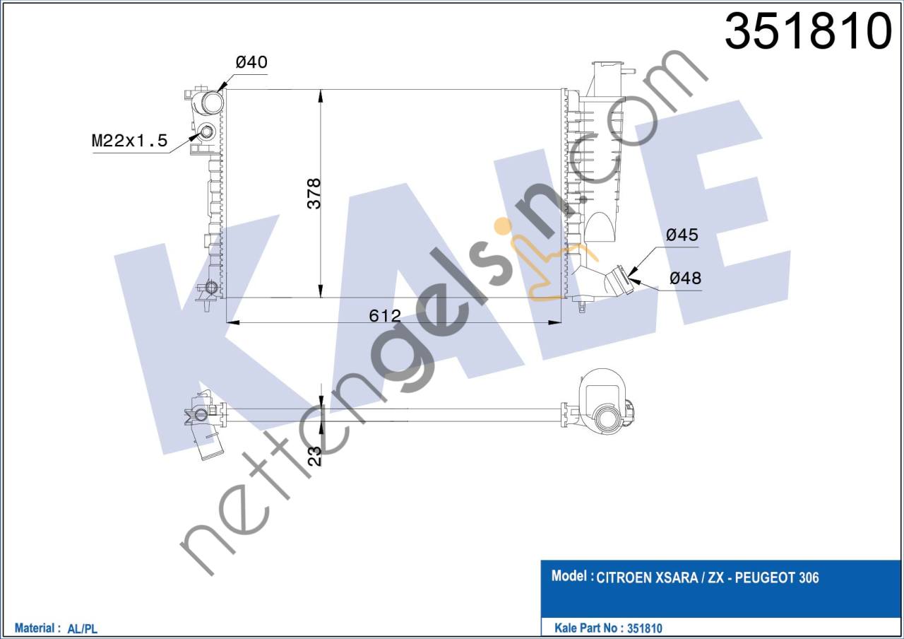 KALE 351810 MOTOR SU RADYATORU P306 XSARA 93 97 1,8 1,6I KLIMALI OLCU: (612*378*23)  PEUGEOT-CITROEN BİNEK MOTOR SU RADYATORU