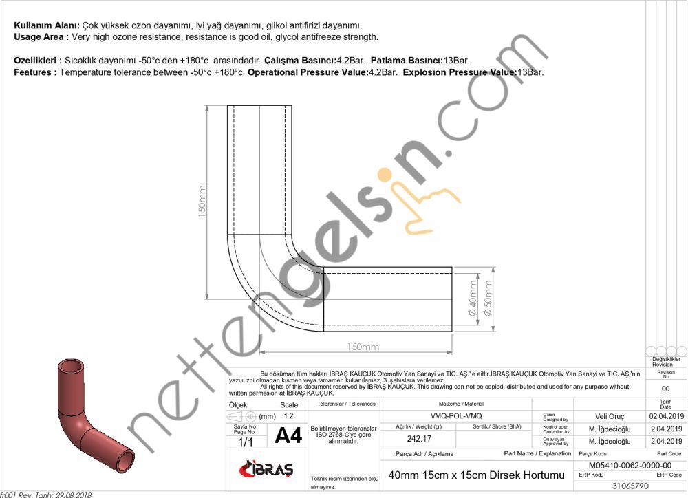 IBRAS 65790 3 KAT POLYESTERLI SILIKON Q 40mm 15cm x 15cm DIRSEK HORTUMU  GENEL BİNEK RULO HORTUM