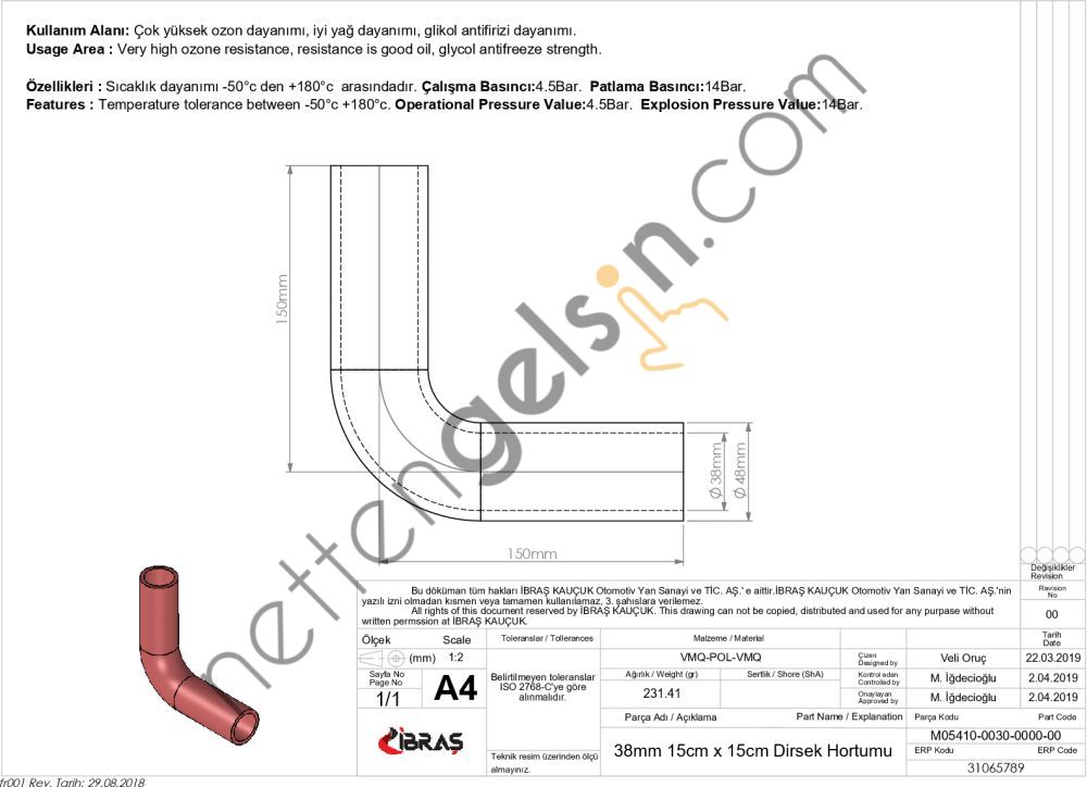 IBRAS 65789 3 KAT POLYESTERLI SILIKON Q 38mm 15cm x 15cm DIRSEK HORTUMU  GENEL BİNEK RULO HORTUM
