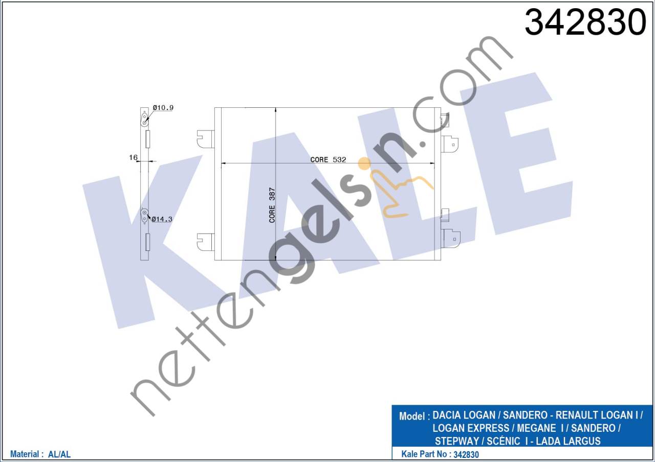 KALE 342830 KLIMA RADYATORU DACIA DUSTER LOGAN SANDERO RENAULT MEGANE I SCENIC I 1.4 1.5 dCI 1.6 1.9 dTi  DACIA BİNEK KLİMA RADYATÖRÜ