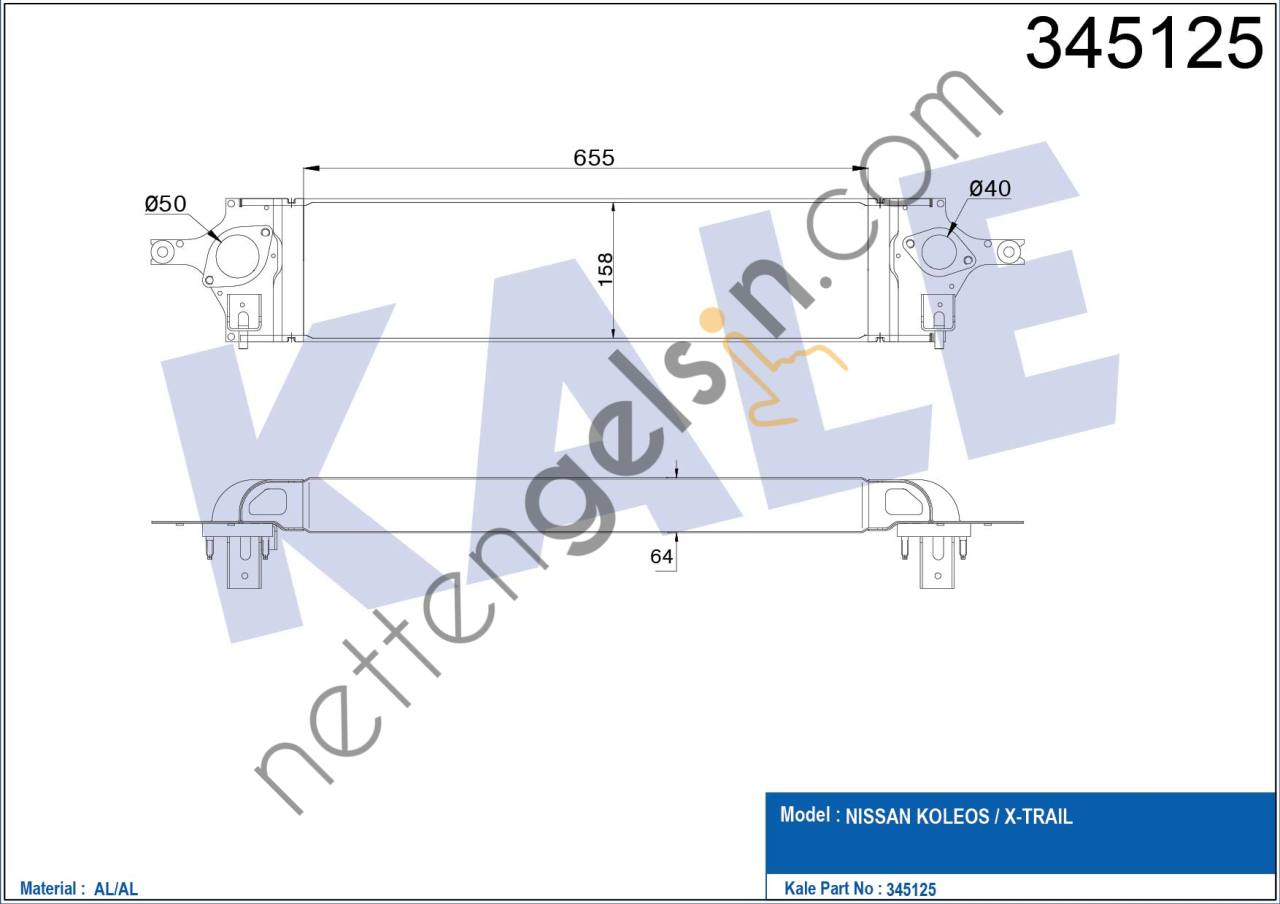 KALE 345125 INTERCOOLER TURBO RADYATOR NISSAN XTRAIL 2.0 DCI 2007 -> KOLEOS 2.0 DCI 2008 ->  NISSAN BİNEK TURBO RADYATÖRÜ