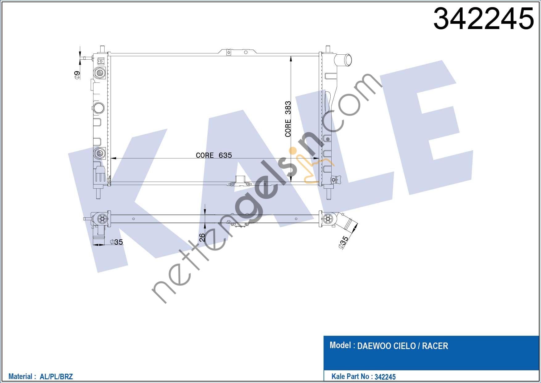 KALE 342245 MOTOR SU RADYATORU DAEWOO RACER CIELO 96>00 OTOMATIK (635X385X27)  DAEWOO BİNEK MOTOR SU RADYATORU
