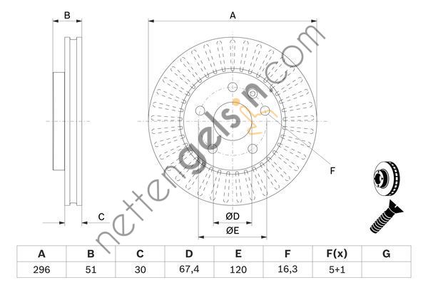 BOSCH 0986479543 ON FREN AYNASI OPEL INSIGNIA 1,6-1,6T-1,8-2,0 CDTI-1,4 08-> (296x30x67,4x51x5DLxHAVALI)  OPEL BİNEK FREN DİSKİ