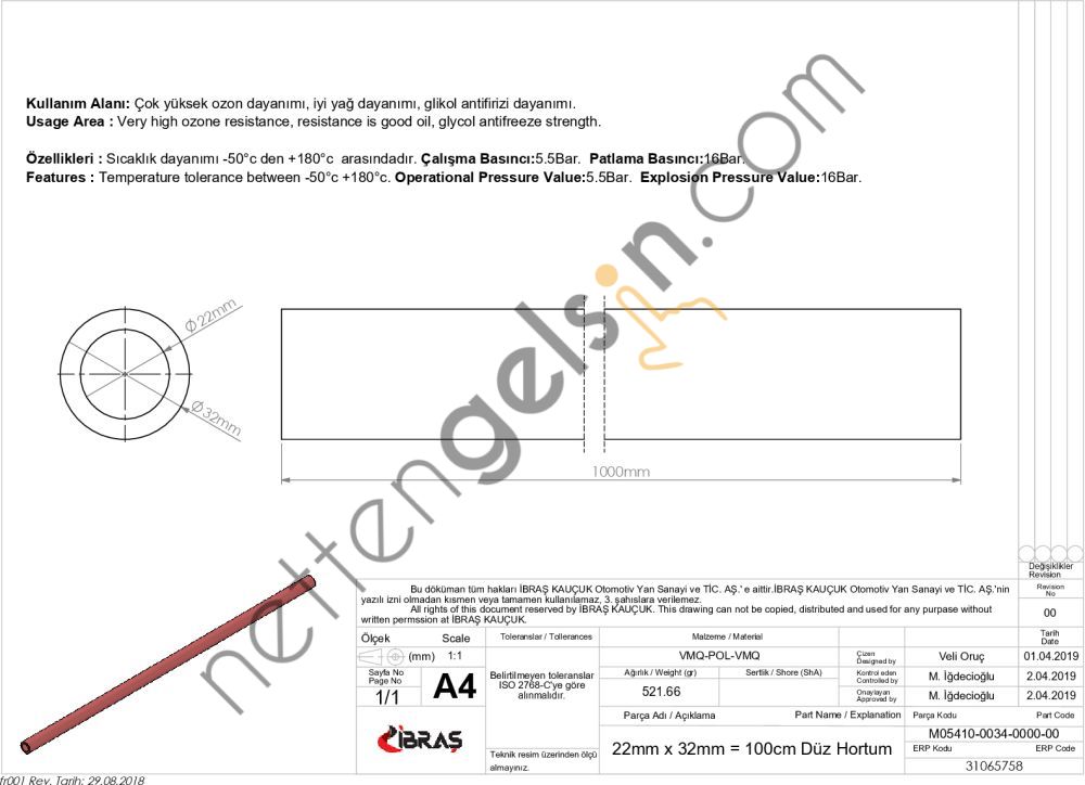 IBRAS 65758 DUZ HORTUM 22mm KIRMIZI SILIKON 3 KAT POLYESYERLI  GENEL BİNEK RULO HORTUM