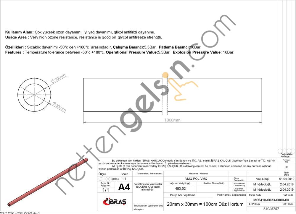 IBRAS 65757 3 KAT POLYESTERLI SILIKON 20mm DUZ HORTUM 1 MT  GENEL BİNEK RULO HORTUM