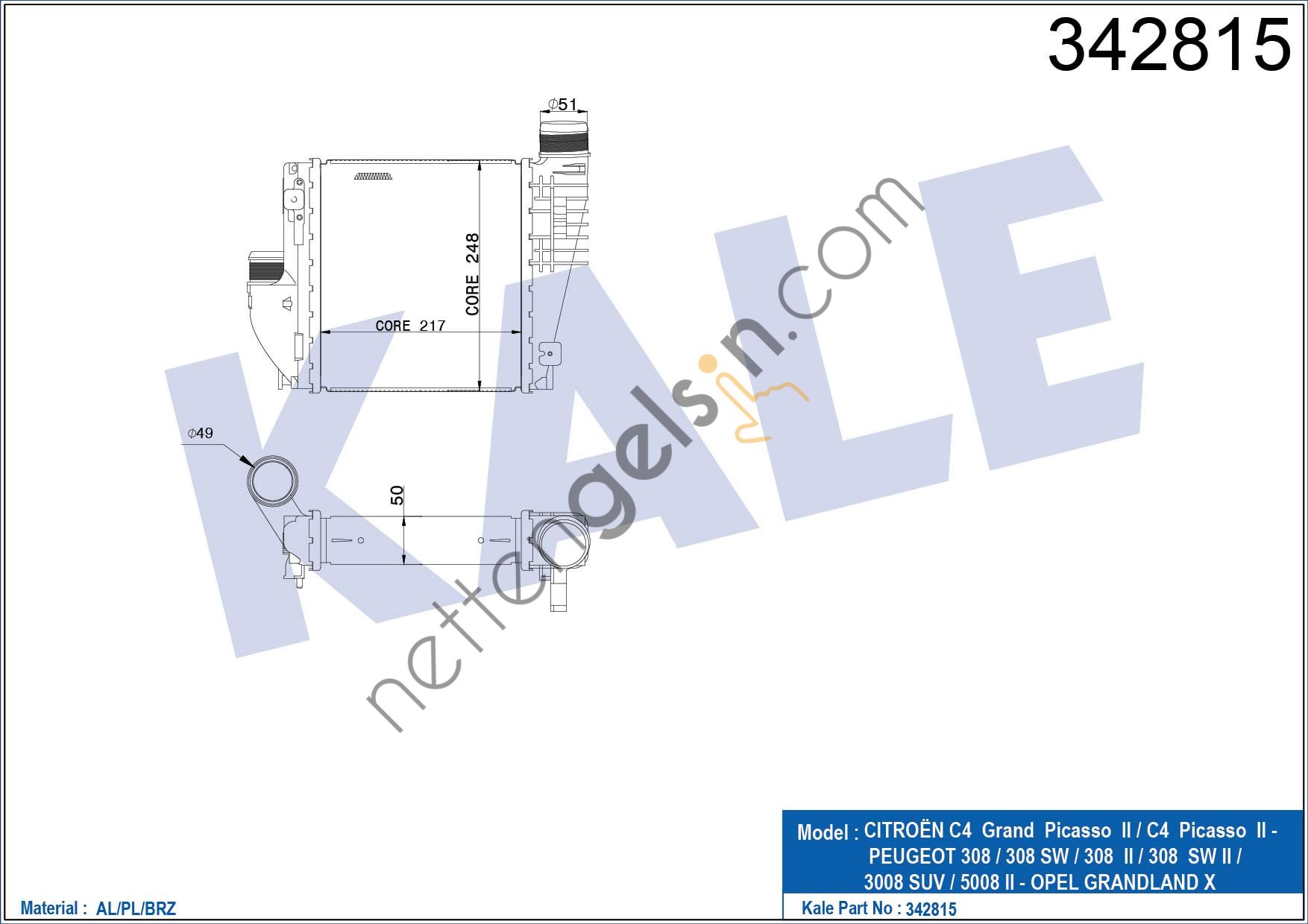 KALE 342815 TURBO INTERCOOLER RADYATORU P308 II C4 PICASSO 14> P3008 II SUV 16>  PEUGEOT-CITROEN BİNEK TURBO RADYATÖRÜ