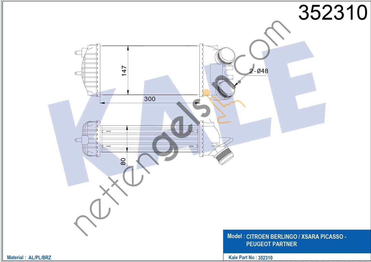 KALE 352310 TURBO INTERCOOLER RADYATORU BERLINGO II PARTNER II XSARA PICASSO DV6 (1,6 HDI) OLCU: (147,5×300×85)  PEUGEOT-CITROEN BİNEK TURBO RADYATÖRÜ