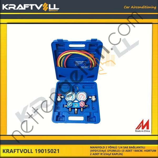 KRAFTVOLL 19015021 MANIFOLD 2 YÖNLÜ 1/4 SAE BAGLANTILI (HFO1234yf, UYUMLU)+(3 ADET 180CM. HORTUM+2 ADET R1234yf KAPLIN)  GENEL BİNEK KLIMA SISTEM ÜRÜNLERI