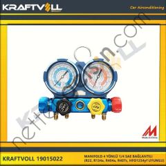 KRAFTVOLL 19015022 MANIFOLD 4 YÖNLÜ 1/4 SAE BAGLANTILI (R22, R134a, R404a, R407c, HFO1234yf UYUMLU)  GENEL BİNEK KLIMA SISTEM ÜRÜNLERI
