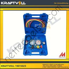 KRAFTVOLL 19015023 MANIFOLD 4 YÖNLÜ 1/4 SAE BAGLANTILI (R22, R134a, R404a, R407c, UYUMLU)+(3 ADET 180CM. HORTUM+2 ADET  GENEL BİNEK KLIMA SISTEM ÜRÜNLERI