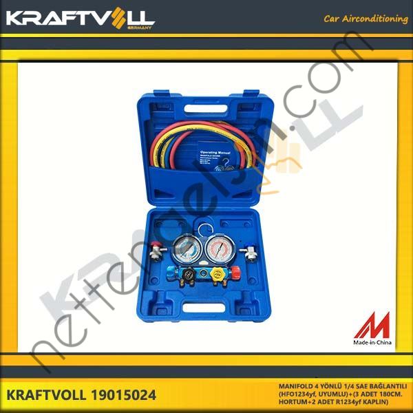 KRAFTVOLL 19015024 MANIFOLD 4 YÖNLÜ 1/4 SAE BAGLANTILI (HFO1234yf, UYUMLU)+(3 ADET 180CM. HORTUM+2 ADET R1234yf KAPLIN)  GENEL BİNEK KLIMA SISTEM ÜRÜNLERI