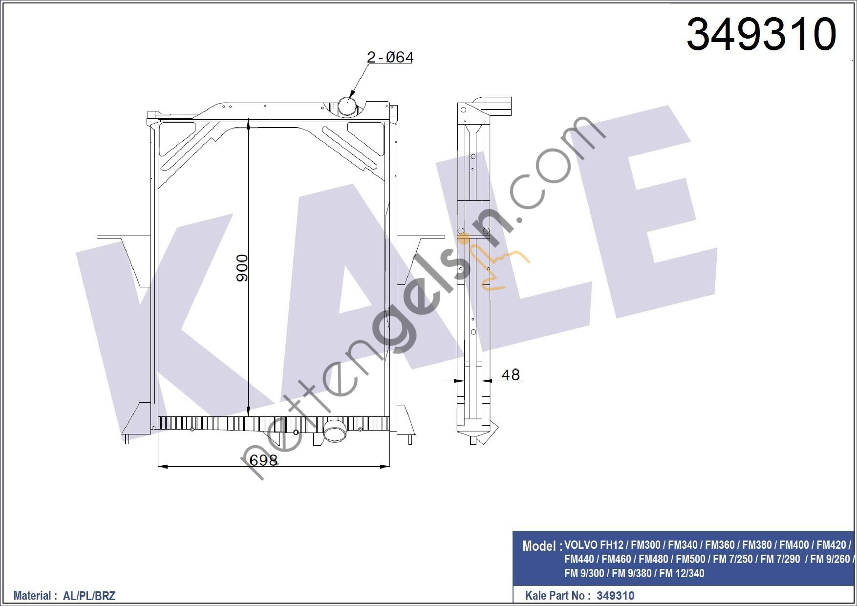 KALE 349310 RADYATOR MOTOR VOLVO FH12 / FM300 / FM340 / FM360 / FM380 / FM400 / FM420 / FM440 / FM460 / FM480 /   VOLVO AĞIR VASITA MOTOR SU RADYATORU
