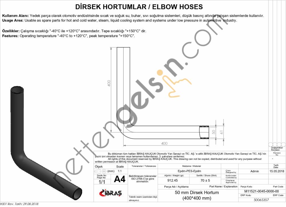 IBRAS 65357 DIRSEK HORTUMU Q 50mm 40cmx40cm  GENEL BİNEK RULO HORTUM