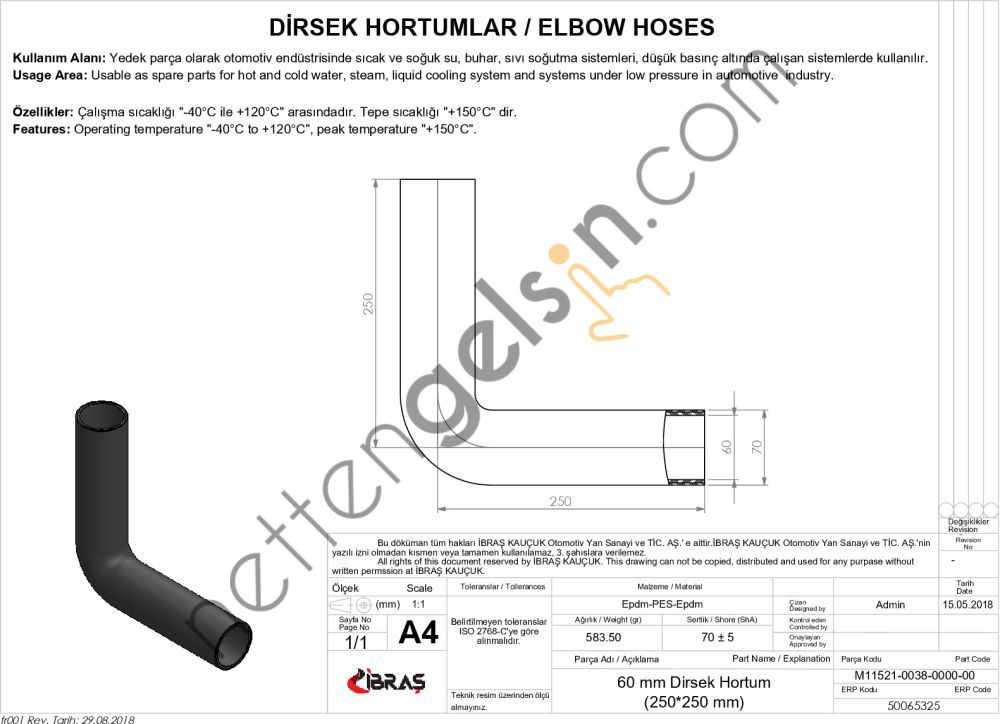 IBRAS 65325 60mm x 70mm 25cm x 25cm UNIVERSAL DIRSEK HORTUMU SICAK ve SOGUK SU KULLANIMI ICIN  GENEL BİNEK RULO HORTUM