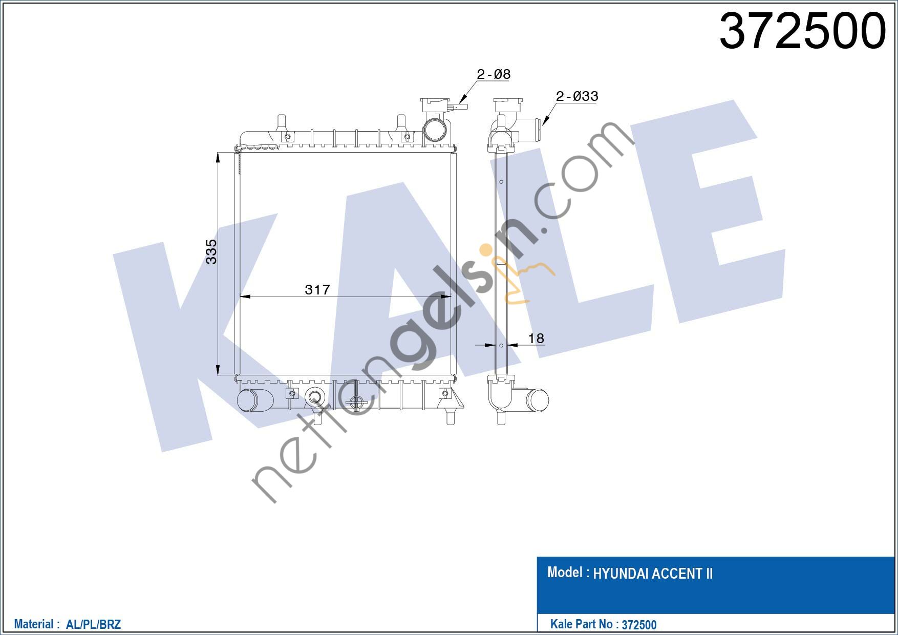 KALE 372500 MOTOR SU RADYATORU HYUNDAI ACCENT 1,3 1,5 00 05 MANUEL (335X317X16)  HYUNDAI BİNEK MOTOR SU RADYATORU