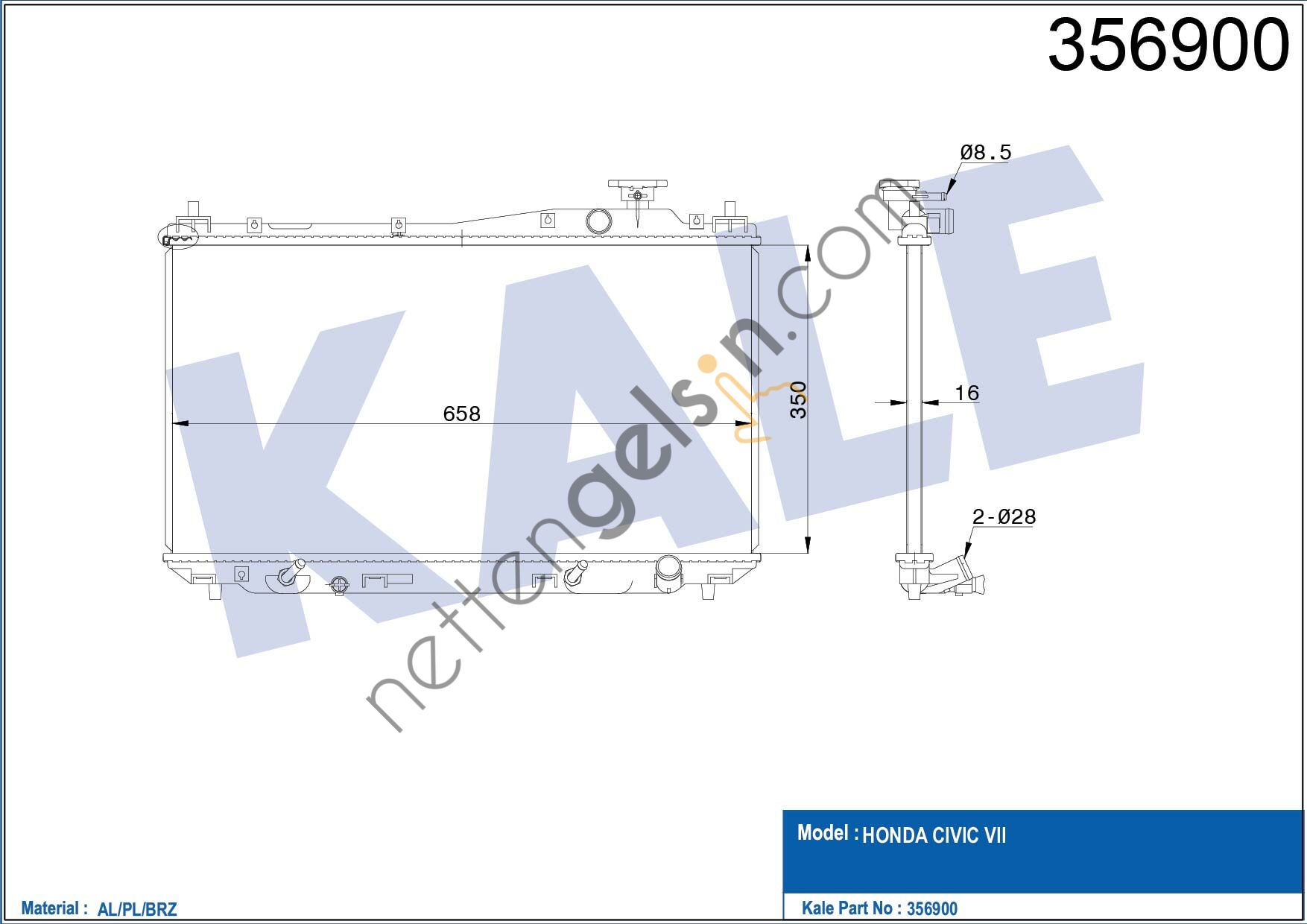 KALE 356900 MOTOR RADYATORU CIVIC VII-( OTOMATIK ) ( 350x658x16 )  HONDA BİNEK MOTOR SU RADYATORU