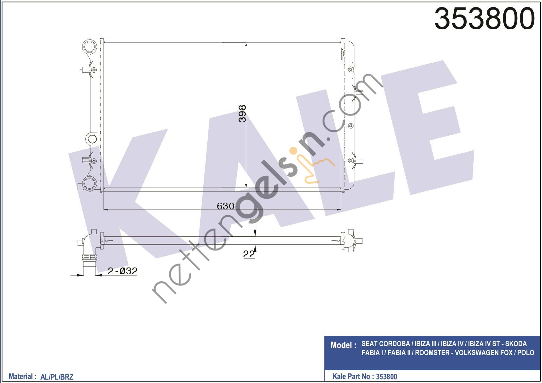 KALE 353800 MOTOR RADYATORU (BRAZING) POLO CORDOBA IBIZA IV V FABIA ROOMSTER 1,2 1,4 1,6 1,9TDI 99>16  VW-AUDI-SEAT-SKODA BİNEK MOTOR SU RADYATORU