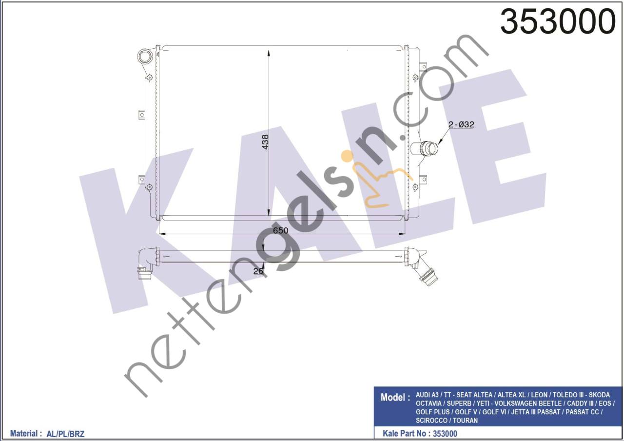 KALE 353000 MOTOR RADYATORU (650X438X26) A3 1,6/2,0TDI LEONGOLF V 2,0TDI 04>  VW-AUDI-SEAT-SKODA BİNEK MOTOR SU RADYATORU