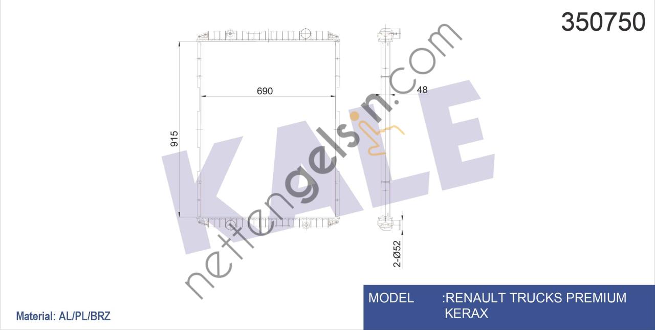 KALE 350750 RADYATOR MOTOR RENAULT TRUCKS PREMIUM / KERAX RADYATOR (CERCEVESIZ)  RENAULT AĞIR VASITA MOTOR SU RADYATORU