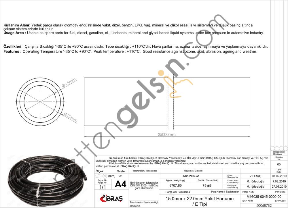 IBRAS 68782 15.0mm x 22.0mm UNIVERSAL YAKIT HORTUMU ( MAKARASIZ )E TIPI  GENEL BİNEK RULO HORTUM
