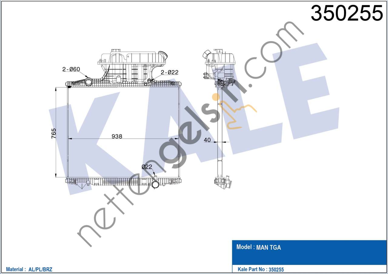 KALE 350255 SU RADYATORU MAN TGA D2066 D2866 D2876 00> (CERCEVESIZ) / (MT)  MAN AĞIR VASITA MOTOR SU RADYATORU