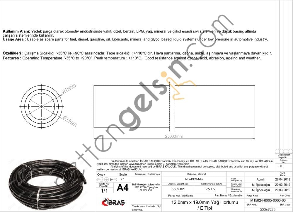 IBRAS 69223 12.0mm x 19.0mm UNIVERSAL YAG HORTUMU ( MAKARALI )E TIPI  GENEL BİNEK RULO HORTUM