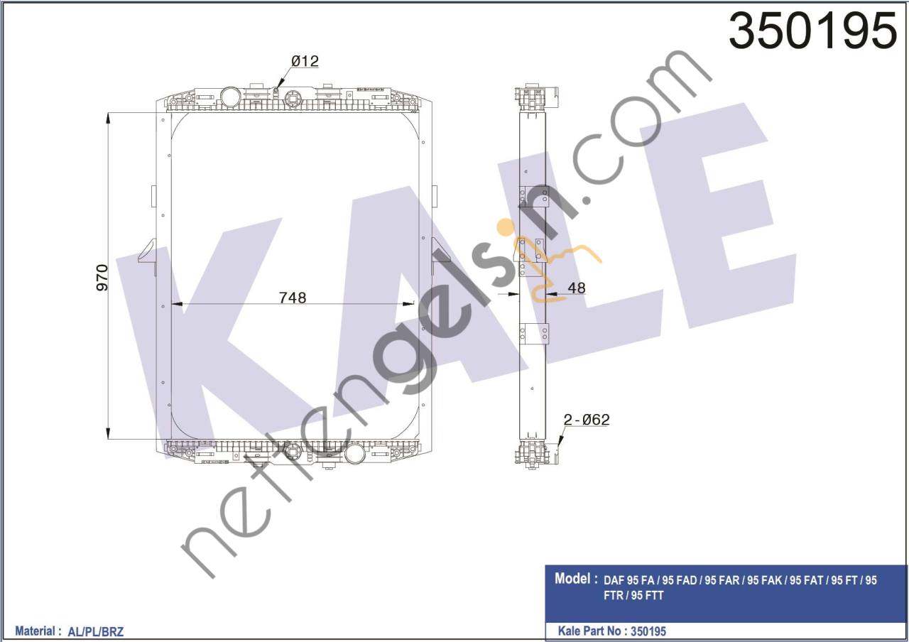 KALE 350195 MOTOR SU RADYATORU DAF 95 FA / 95 FAD / 95 FAR / 95 FAK / 95 FAT / 95 FT / 95 FTR / 95 FTT (CERCEVELI) / (  DAF AĞIR VASITA MOTOR SU RADYATORU