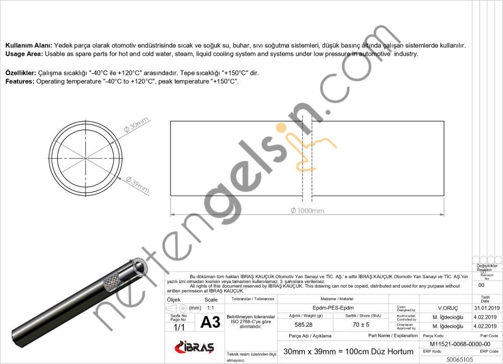 IBRAS 65105 DUZ HORTUM 30mm x 39mm = 100 cm DÜZ ( Metrelik ) HORTUM  VOLVO BİNEK RULO HORTUM