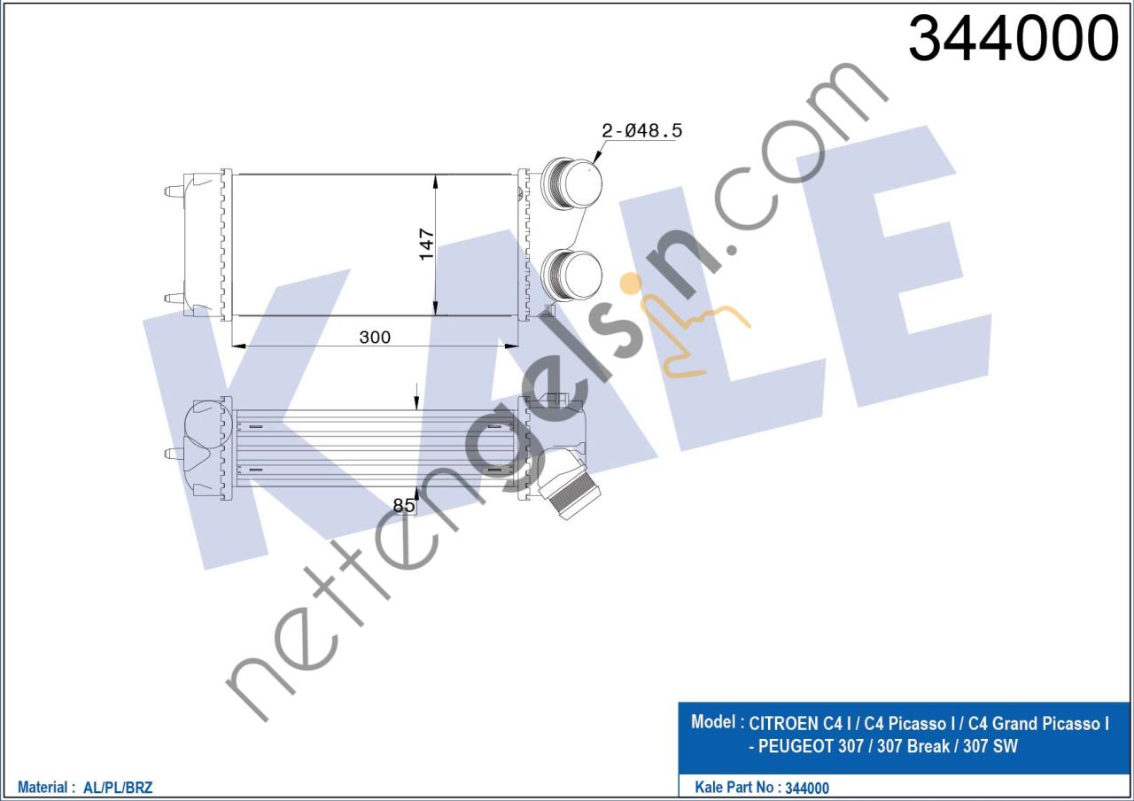KALE 344000 TURBO SOGUTUCU RADYATOR (INTERCOLL) P307 YM C4 C4 PICASSO DV6 (1,6HDI) 06>OLCU: (300×147×85)  PEUGEOT-CITROEN BİNEK TURBO RADYATÖRÜ