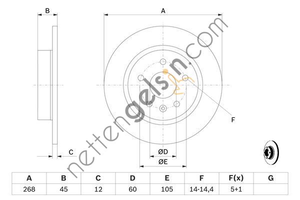 BOSCH 0986479645 ARKA FREN AYNASI ASTRA J 1,4I-1,4I T-1,6I-1,6I T-1,7 CDTI 09>CRUZE 09> (268,5x12x5DL)  OPEL BİNEK FREN DİSKİ
